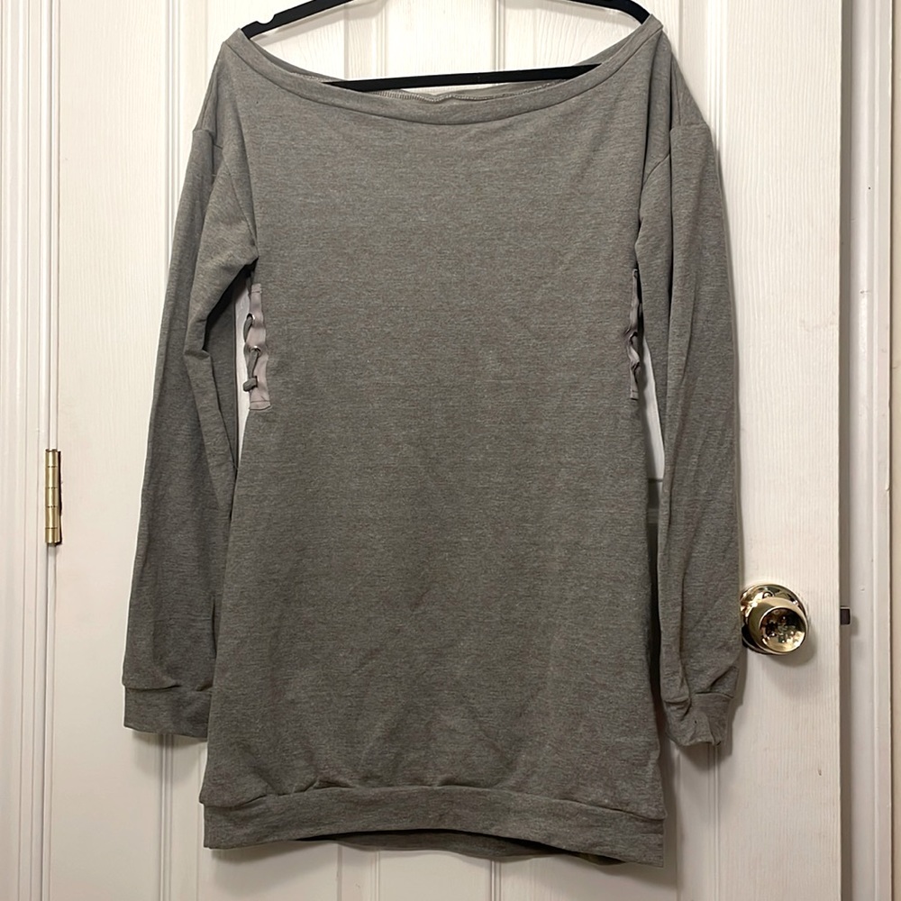 Off shoulder grey sweater dress with crisscross ties on sides, size L